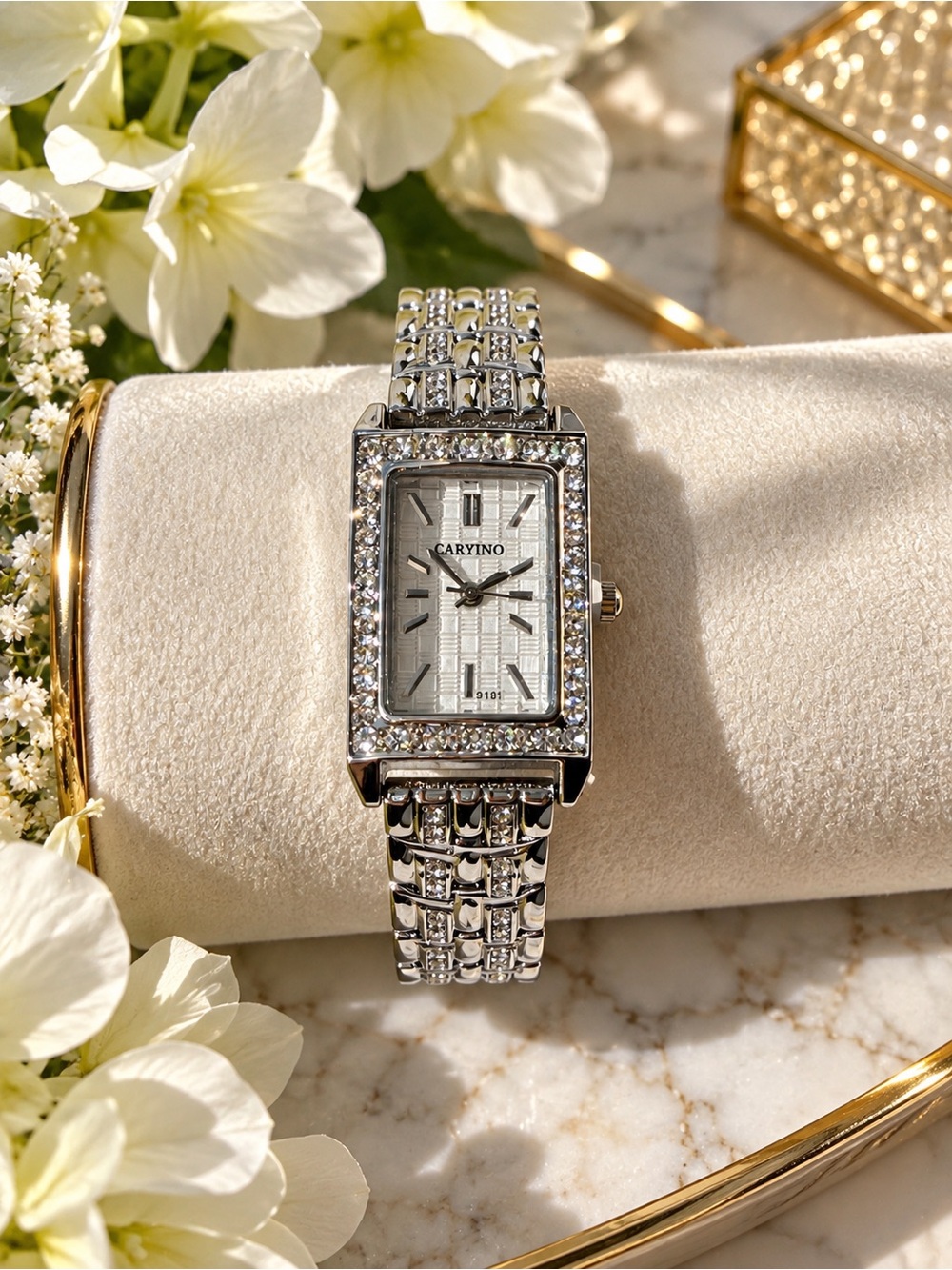 Silver Crystal-Accented Rectangle Bracelet Watch